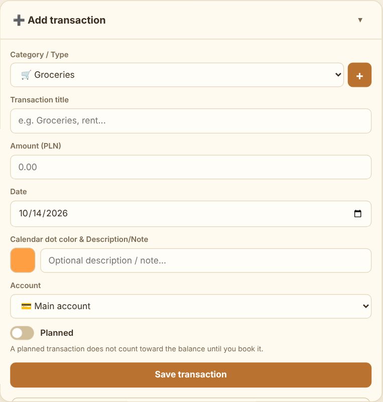 The add transaction window โ category, title, amount, date, dot colour, account and the "Planned" switch