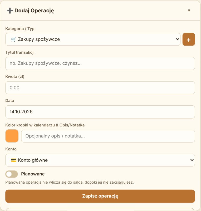 Okno dodawania operacji – kategoria, tytuł, kwota, data, kolor kropki, konto i przełącznik „Planowane”