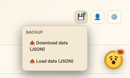 The backup menu under the floppy disk icon – "Download data (JSON)" and "Load data (JSON)"