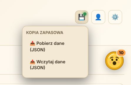 Menu kopii zapasowej pod ikoną dyskietki – „Pobierz dane (JSON)” i „Wczytaj dane (JSON)”