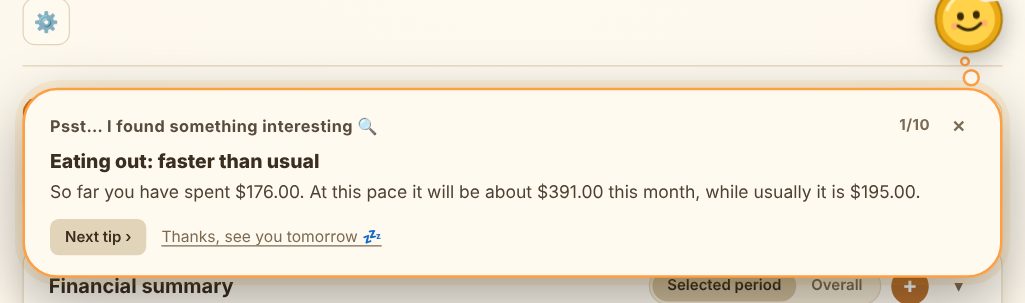 Penny's speech bubble โ tip counter, "Next tip" and "Thanks, see you tomorrow" buttons