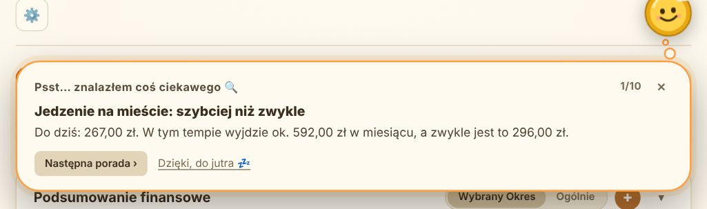Chmurka Pieniążka z poradą – licznik porad, przycisk „Następna porada” i „Dzięki, do jutra”