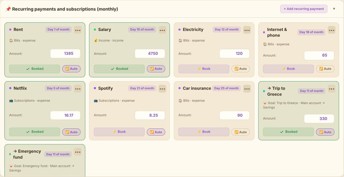 The recurring payments window – bills, salary and goal deposits with "Book" and "Auto" buttons