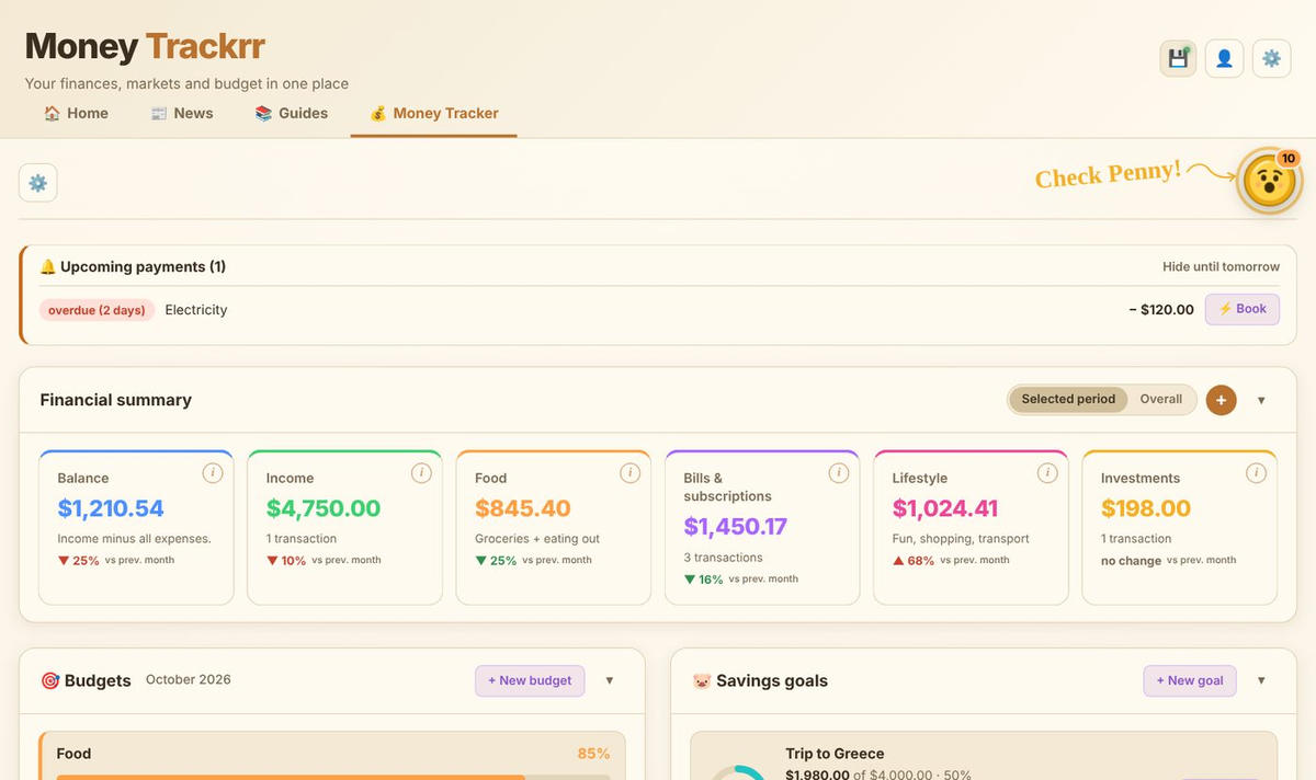 The main view โ financial summary, upcoming payments and Penny in the top right corner