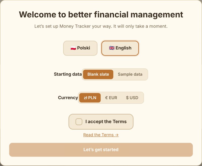 The first wizard screen โ language, starting data, currency and terms