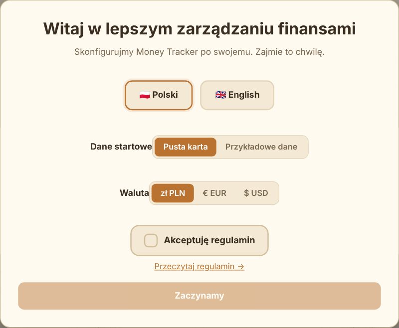 Pierwszy ekran kreatora – język, dane startowe, waluta i regulamin